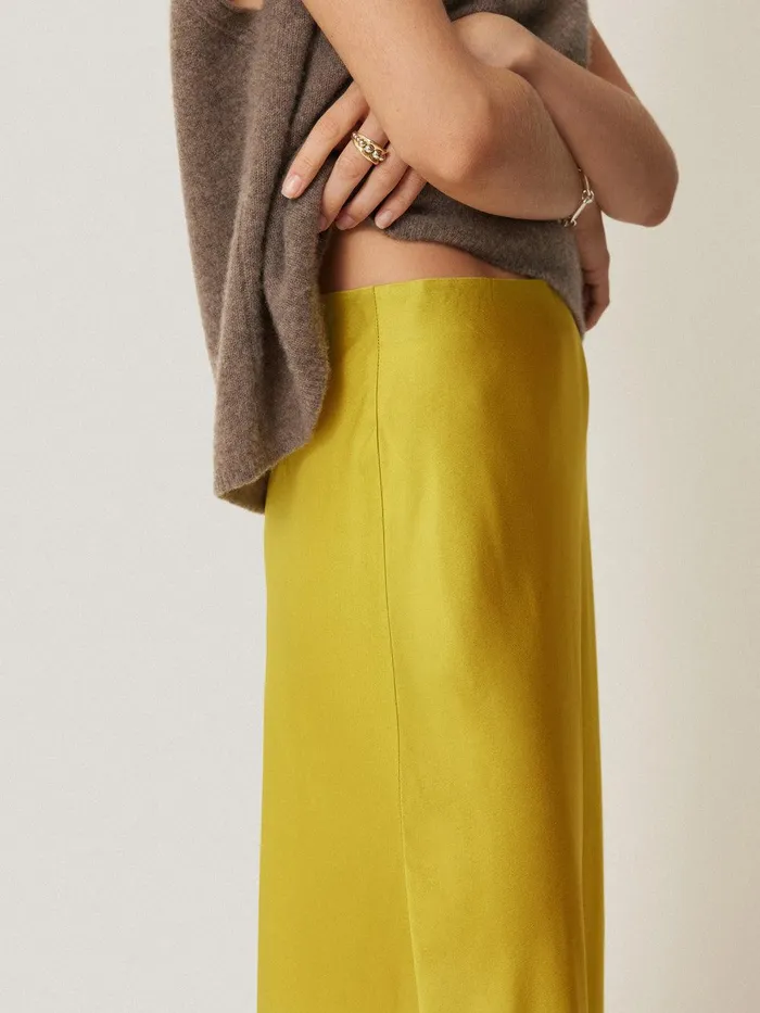 Women Satin Bias Maxi Skirt Yellow Jigsaw Party