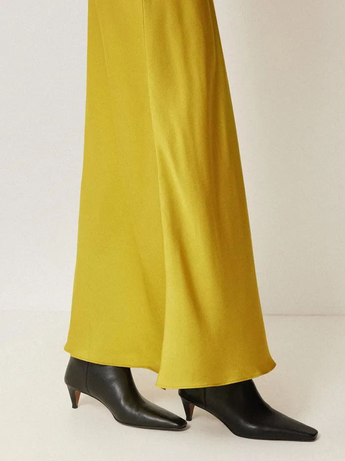 Women Satin Bias Maxi Skirt Yellow Jigsaw Party