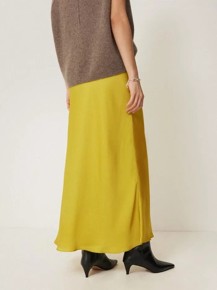 Women Satin Bias Maxi Skirt Yellow Jigsaw Party