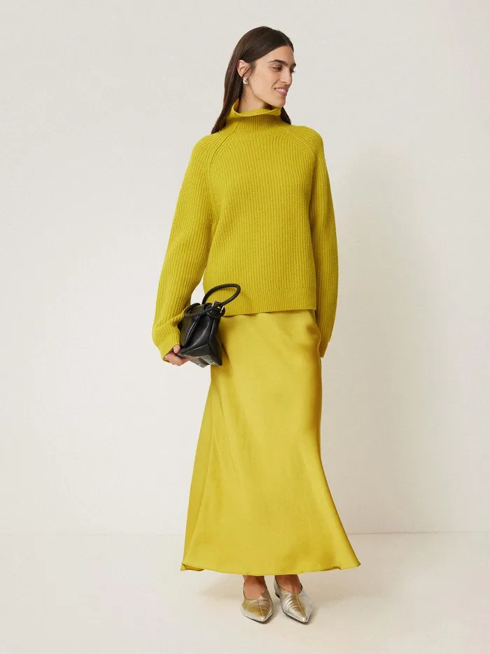 Women Satin Bias Maxi Skirt Yellow Jigsaw Party
