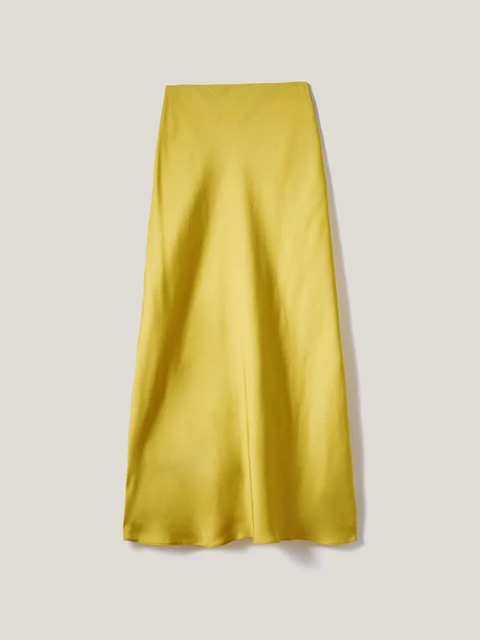 Women Satin Bias Maxi Skirt Yellow Jigsaw Party