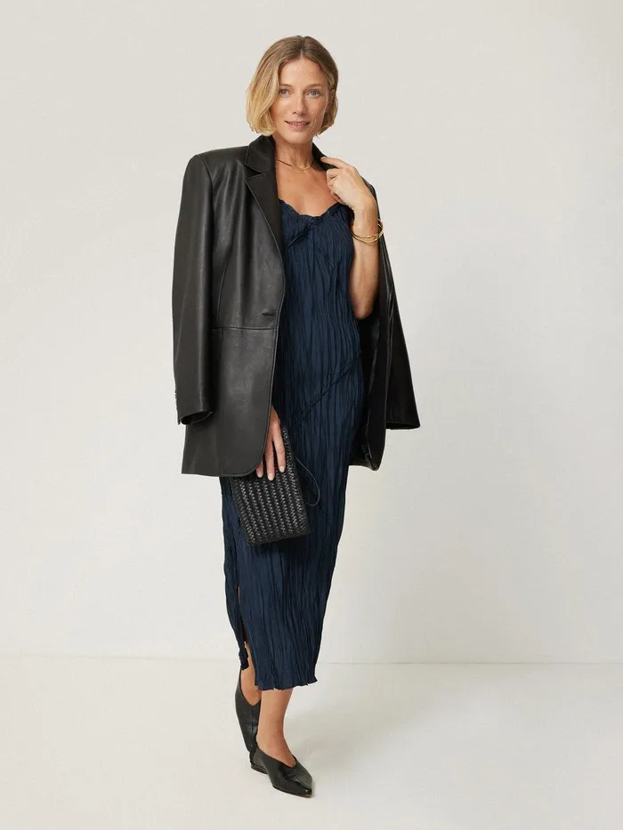 Women Satin Drape Plisse Slip Dress Navy Jigsaw Party