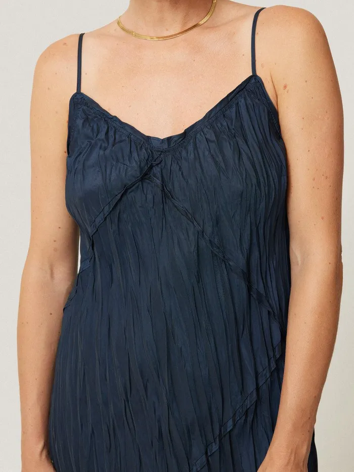 Women Satin Drape Plisse Slip Dress Navy Jigsaw Party