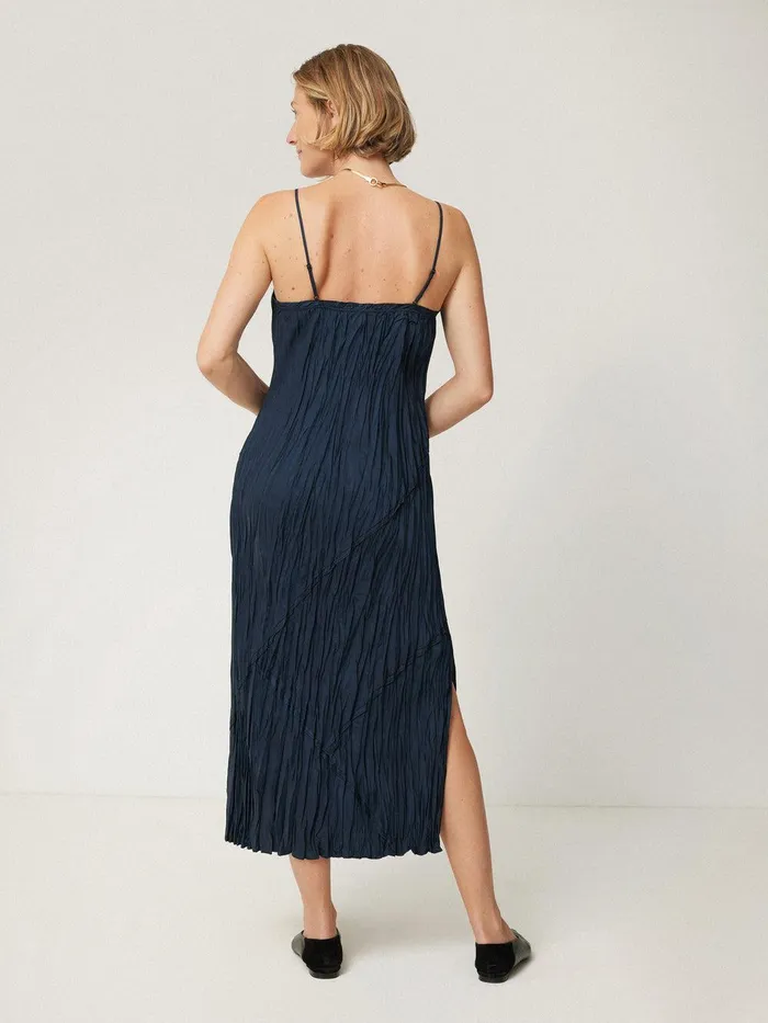 Women Satin Drape Plisse Slip Dress Navy Jigsaw Party