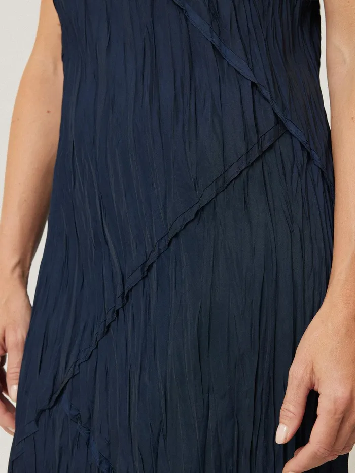 Women Satin Drape Plisse Slip Dress Navy Jigsaw Party