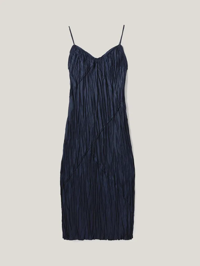 Women Satin Drape Plisse Slip Dress Navy Jigsaw Party