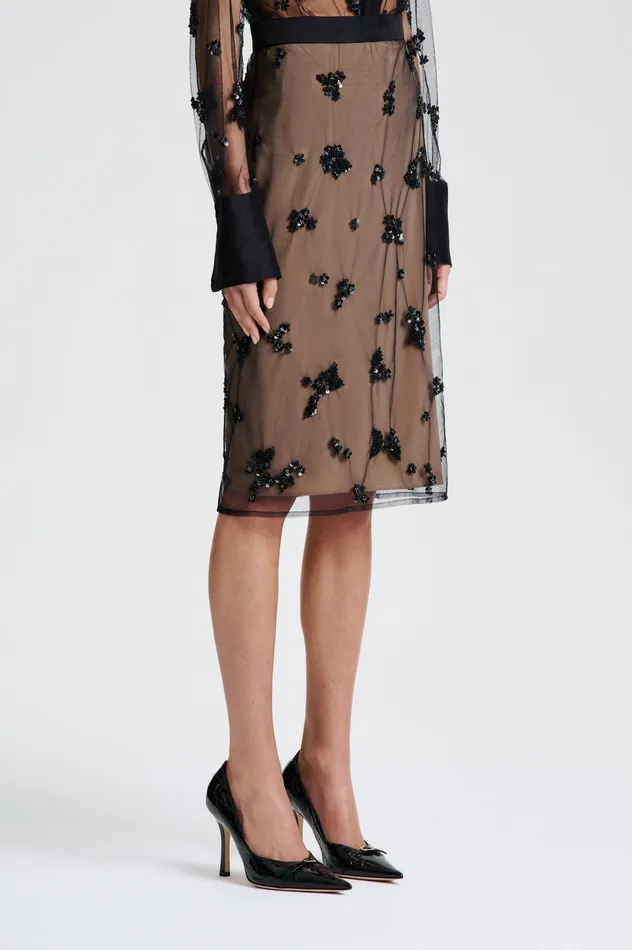 Women Scanlan Theodore BEADED TULLE PENCIL SKIRT BLACK Skirts