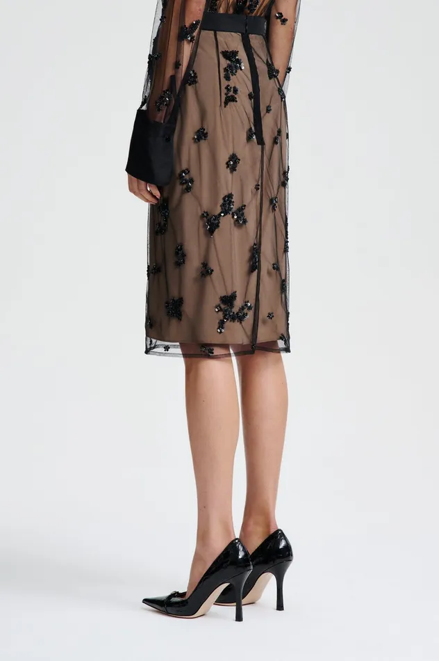 Women Scanlan Theodore BEADED TULLE PENCIL SKIRT BLACK Skirts