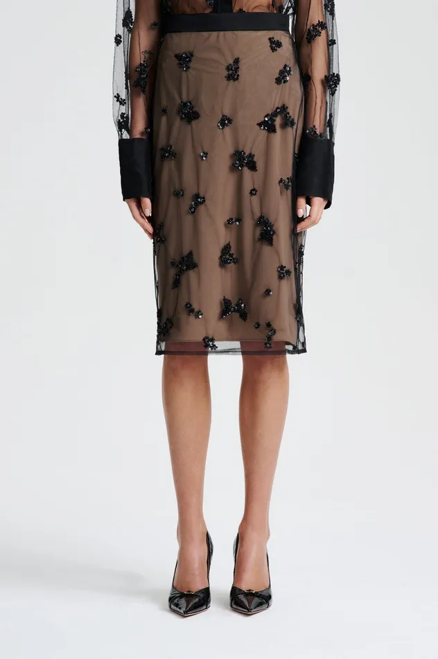 Women Scanlan Theodore BEADED TULLE PENCIL SKIRT BLACK Skirts