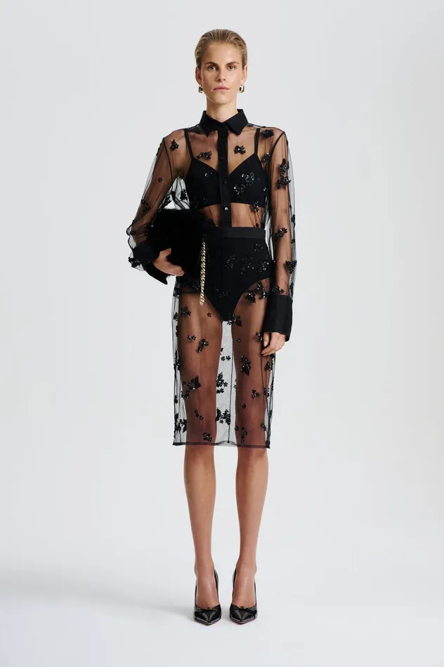 Women Scanlan Theodore BEADED TULLE PENCIL SKIRT BLACK Skirts