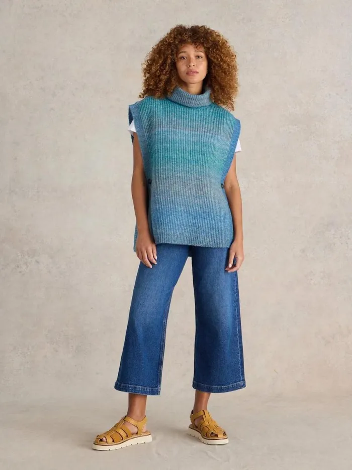 Women Spacedye Knitted Poncho Blue Multi White Stuff Knitwear