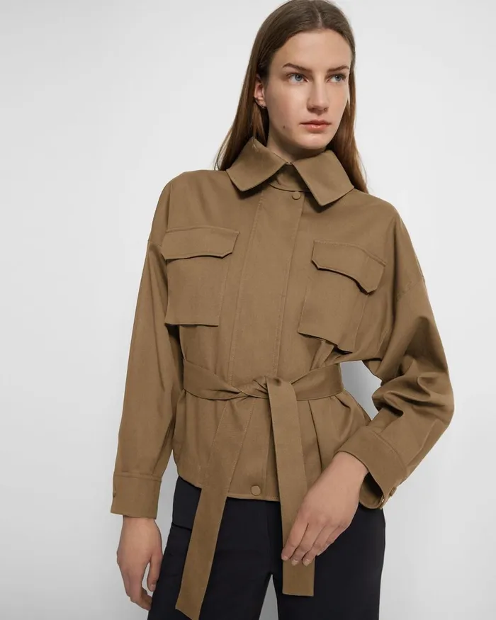 Women Theory Blazers Jackets Belted Cargo Jacket In CottonNylon Twill Camel