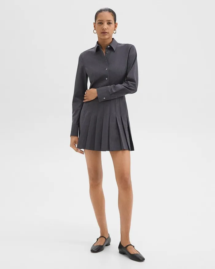 Women Theory Dresses Pleated Mini Shirt Dress In Stretch WoolBlend Charcoal Melange