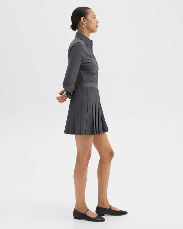 Women Theory Dresses Pleated Mini Shirt Dress In Stretch WoolBlend Charcoal Melange