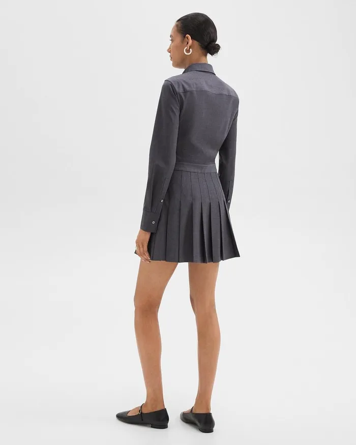 Women Theory Dresses Pleated Mini Shirt Dress In Stretch WoolBlend Charcoal Melange