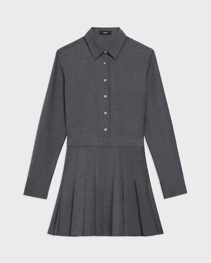 Women Theory Dresses Pleated Mini Shirt Dress In Stretch WoolBlend Charcoal Melange