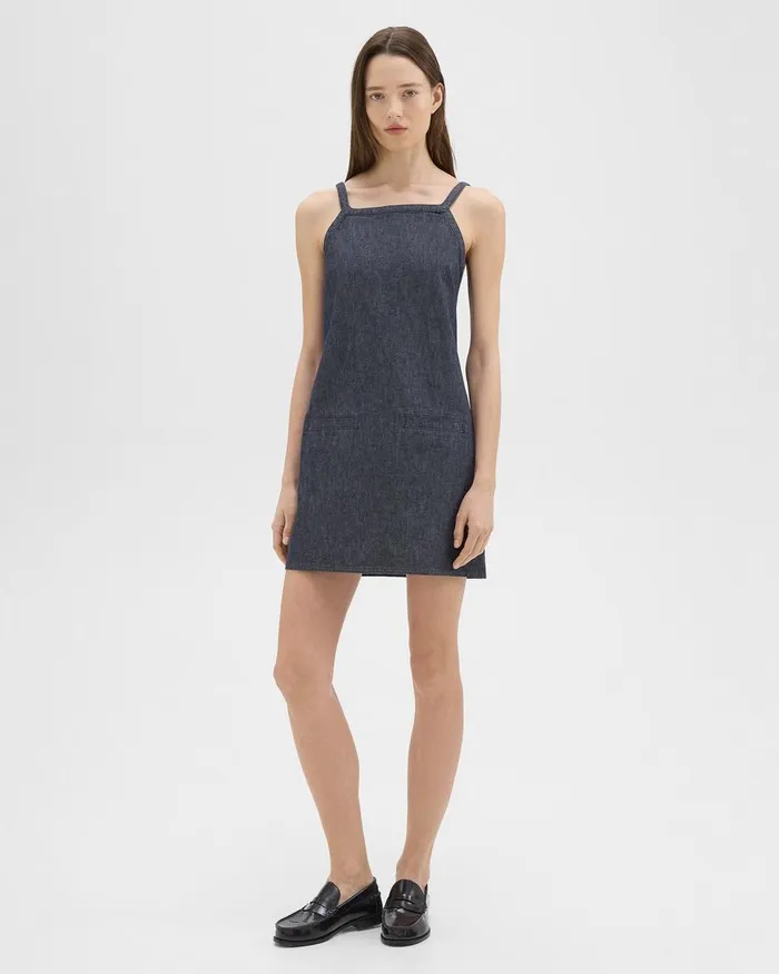 Women Theory Dresses Square Neck Mini Dress In Crisp Denim Indigo