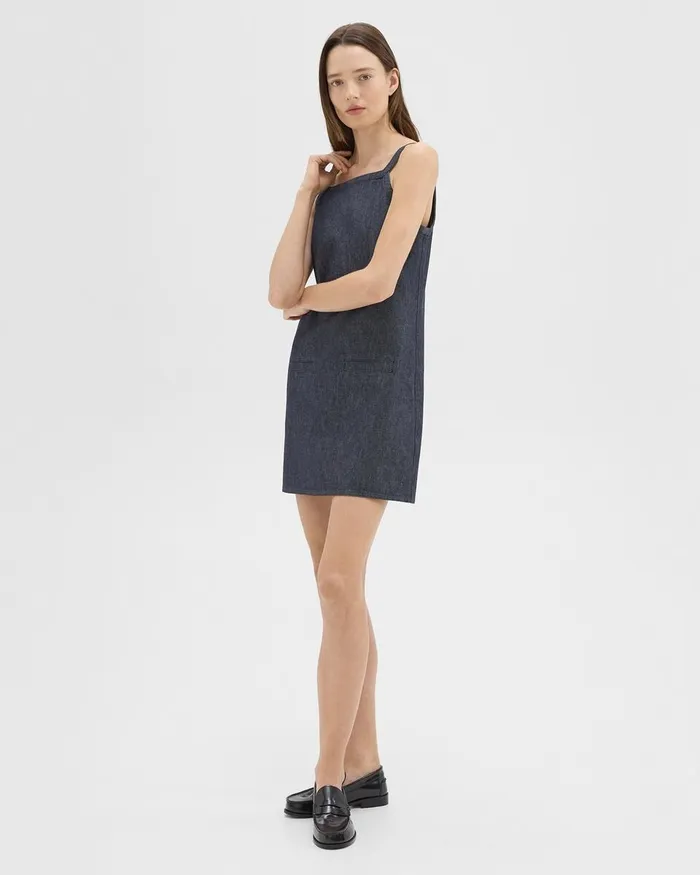 Women Theory Dresses Square Neck Mini Dress In Crisp Denim Indigo
