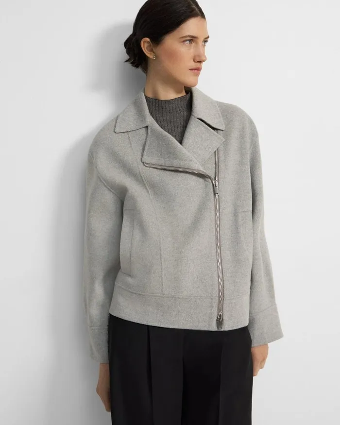 Women Theory Outerwear Oversized Moto Jacket In DoubleFace WoolCashmere Melange Grey