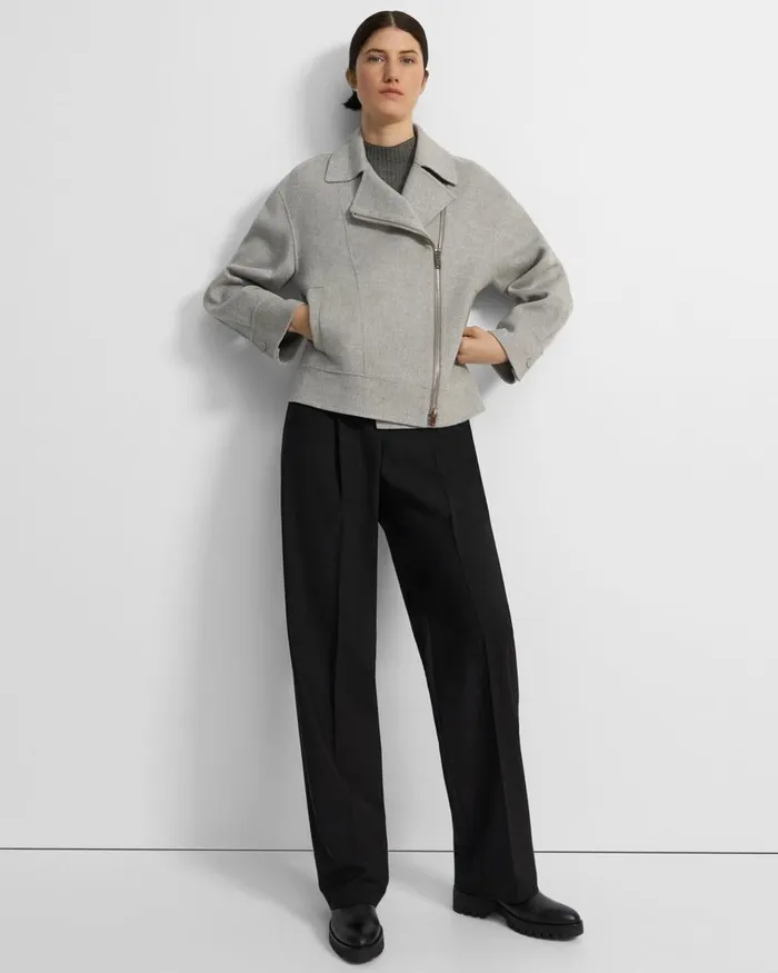 Women Theory Outerwear Oversized Moto Jacket In DoubleFace WoolCashmere Melange Grey