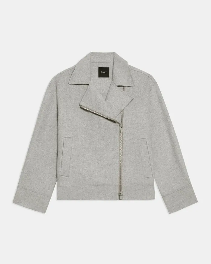 Women Theory Outerwear Oversized Moto Jacket In DoubleFace WoolCashmere Melange Grey
