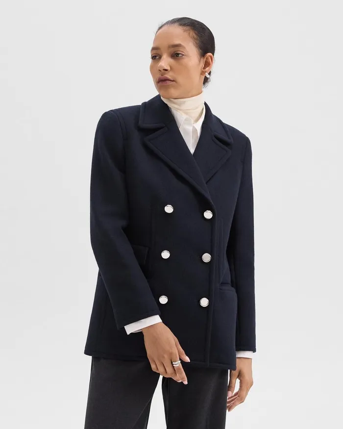 Women Theory Outerwear Peacoat Blazer In Recycled WoolBlend Melton Baltic