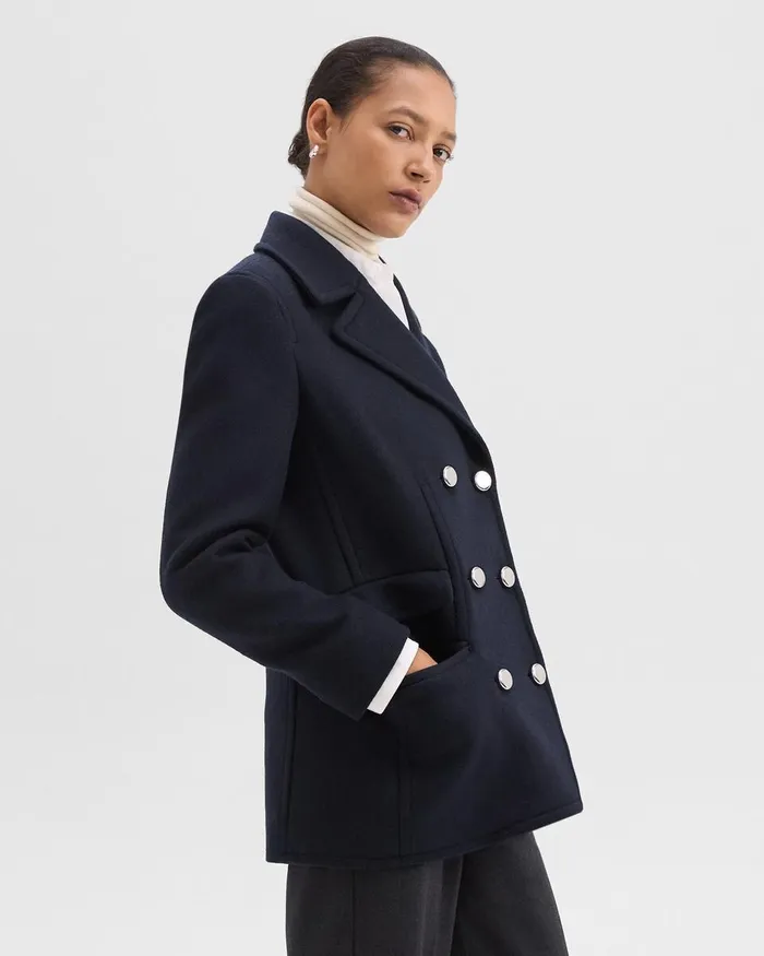 Women Theory Outerwear Peacoat Blazer In Recycled WoolBlend Melton Baltic