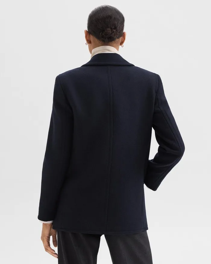 Women Theory Outerwear Peacoat Blazer In Recycled WoolBlend Melton Baltic