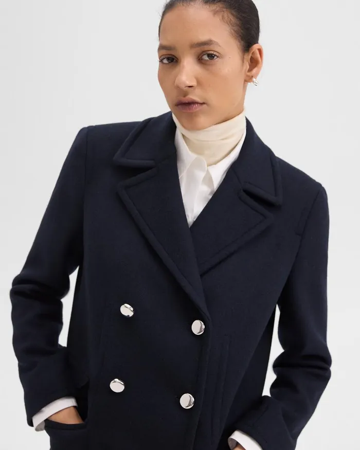 Women Theory Outerwear Peacoat Blazer In Recycled WoolBlend Melton Baltic