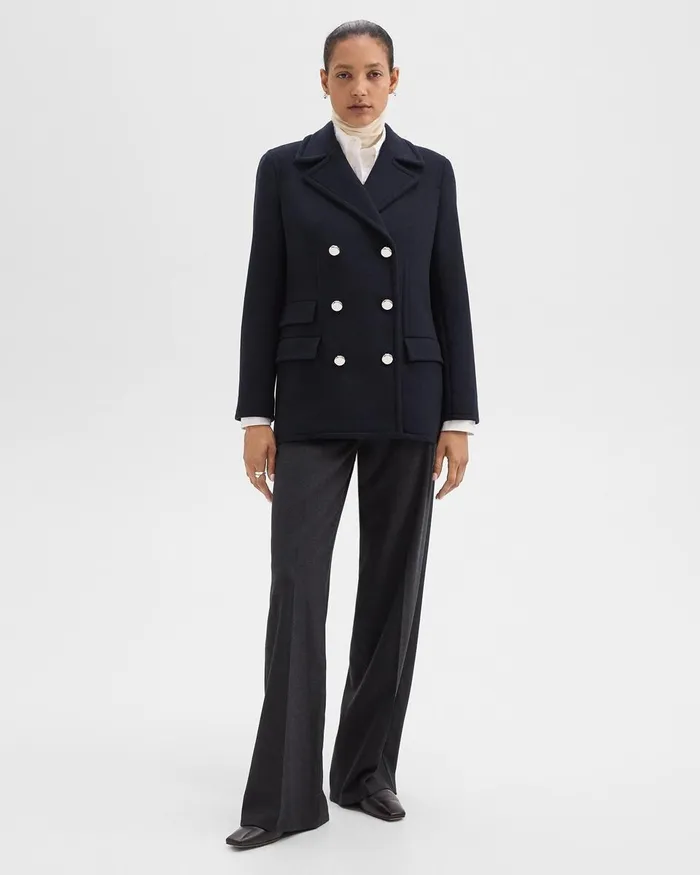 Women Theory Outerwear Peacoat Blazer In Recycled WoolBlend Melton Baltic