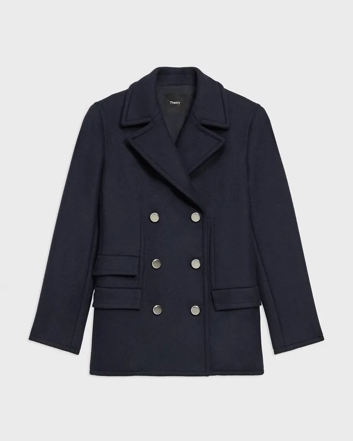 Women Theory Outerwear Peacoat Blazer In Recycled WoolBlend Melton Baltic