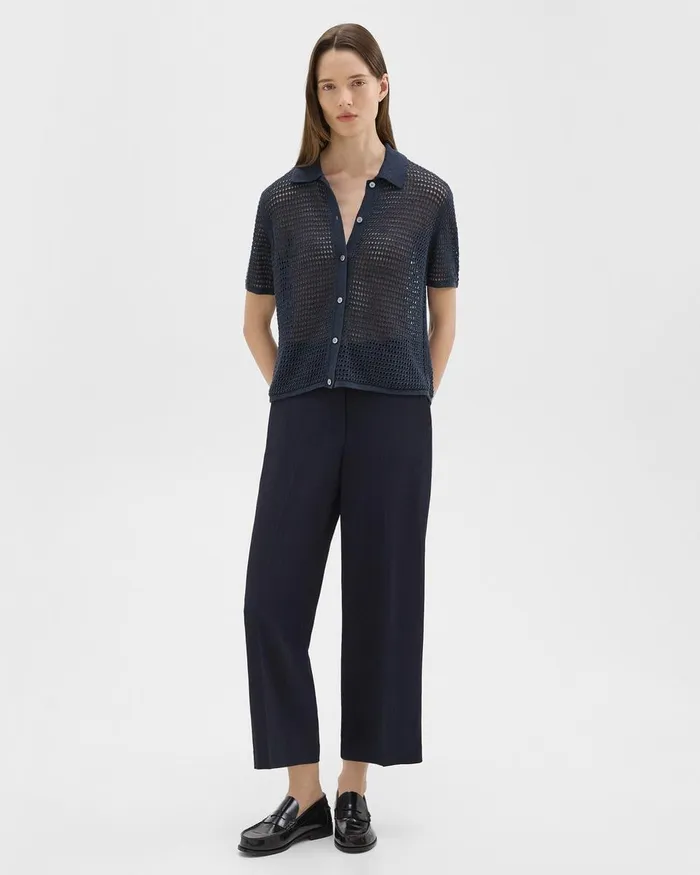 Women Theory Pants Straight PullOn Pant In Striped Admiral Crepe Nocturne Navy