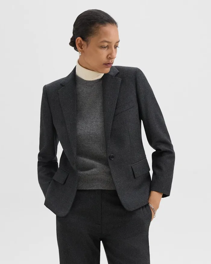 Women Theory Suits SingleButton Blazer In Sleek Flannel New Charcoal Melange