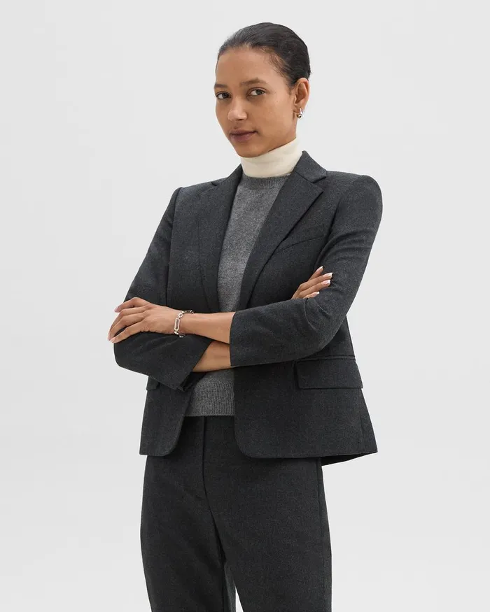 Women Theory Suits SingleButton Blazer In Sleek Flannel New Charcoal Melange