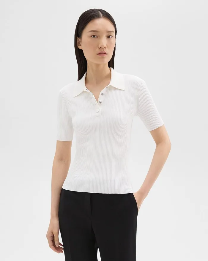 Women Theory Sweaters Cardigans Ribbed Polo In Crepe Knit White