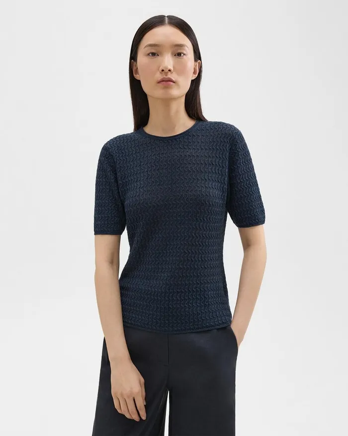 Women Theory Sweaters Cardigans ShortSleeve Sweater In Cable Knit Linen Nocturne Navy