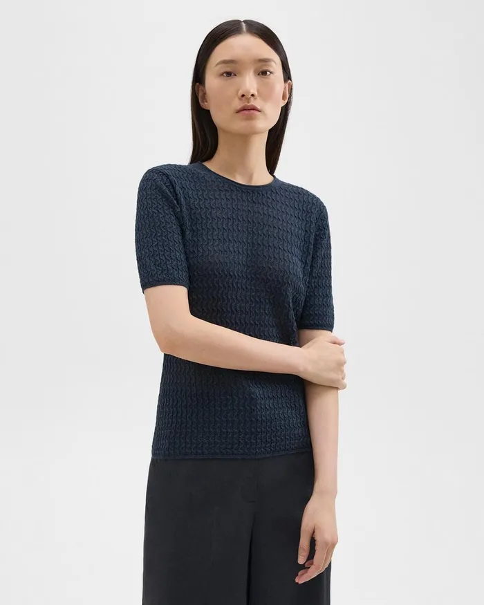 Women Theory Sweaters Cardigans ShortSleeve Sweater In Cable Knit Linen Nocturne Navy