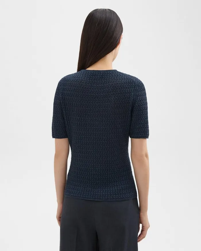 Women Theory Sweaters Cardigans ShortSleeve Sweater In Cable Knit Linen Nocturne Navy