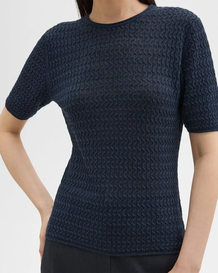 Women Theory Sweaters Cardigans ShortSleeve Sweater In Cable Knit Linen Nocturne Navy
