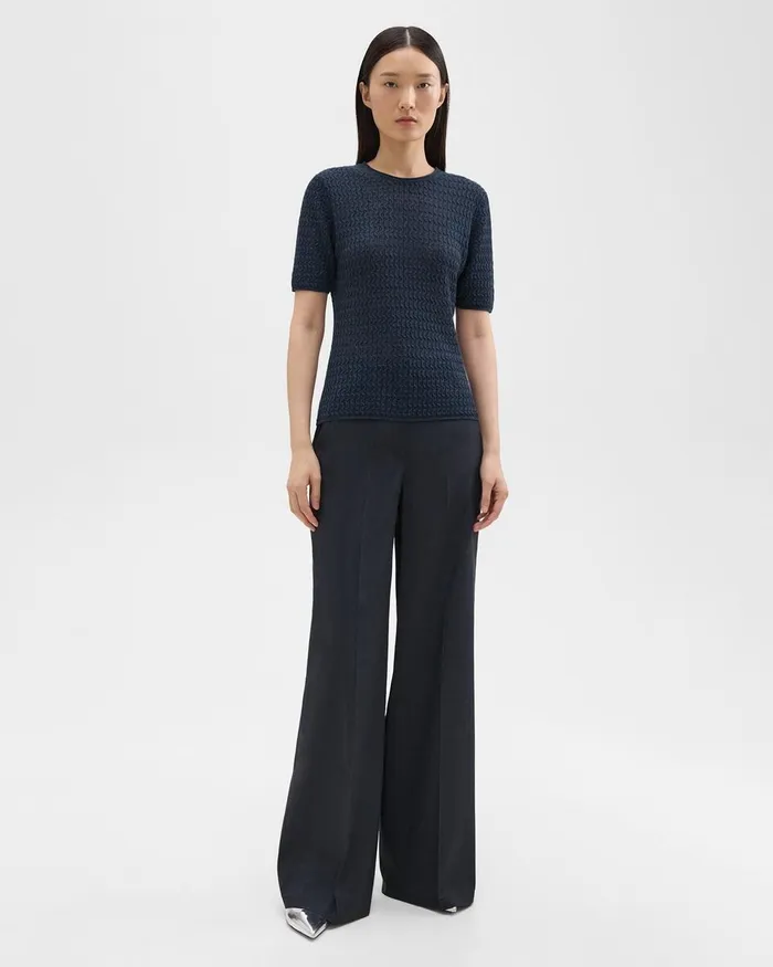 Women Theory Sweaters Cardigans ShortSleeve Sweater In Cable Knit Linen Nocturne Navy