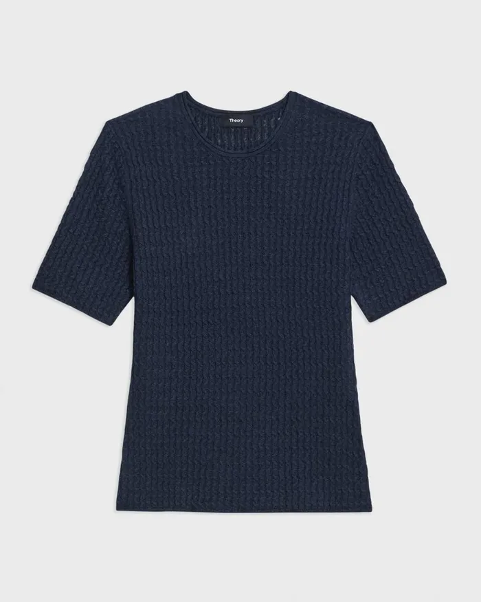 Women Theory Sweaters Cardigans ShortSleeve Sweater In Cable Knit Linen Nocturne Navy