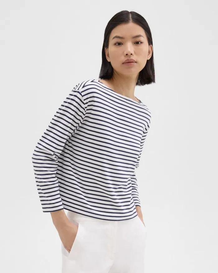 Women Theory TShirts Tank Tops Boat Neck Tee In Striped Cotton Jersey Navy Multi