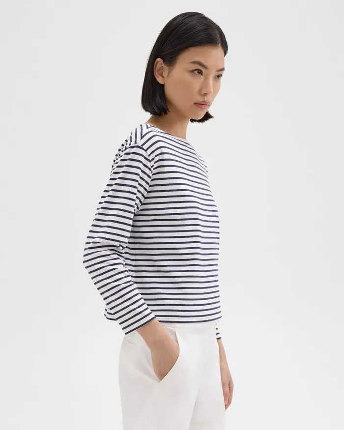 Women Theory TShirts Tank Tops Boat Neck Tee In Striped Cotton Jersey Navy Multi