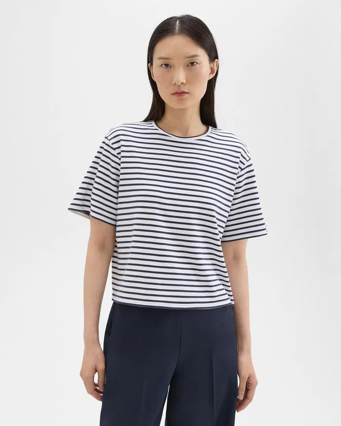 Women Theory TShirts Tank Tops Boxy Tee In Striped Cotton Jersey Navy Multi