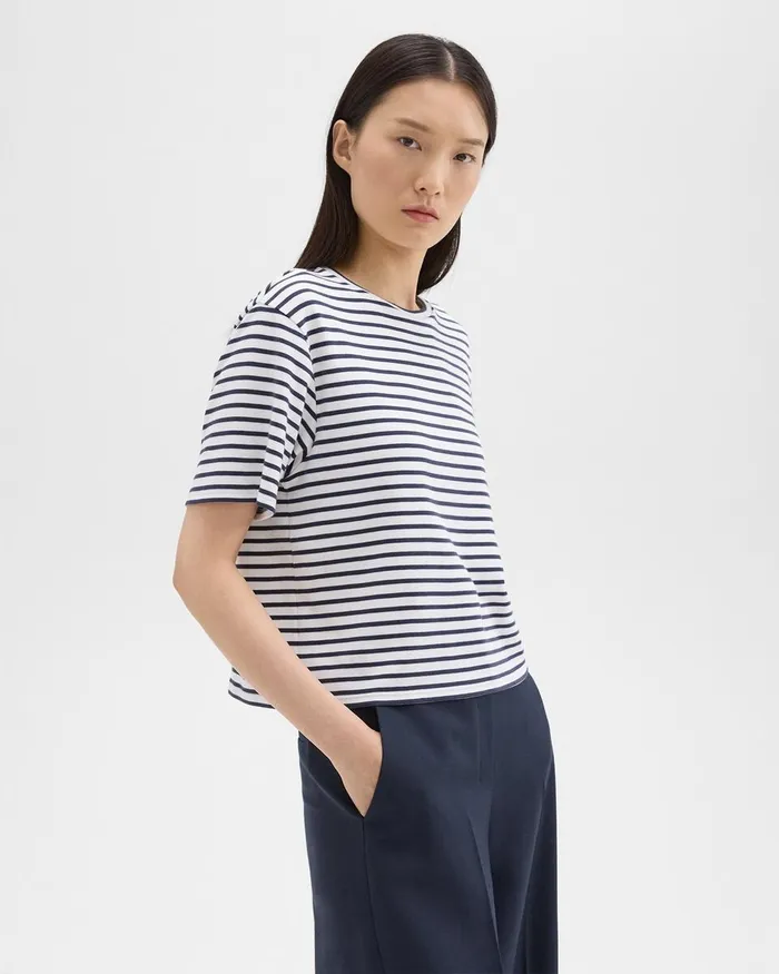 Women Theory TShirts Tank Tops Boxy Tee In Striped Cotton Jersey Navy Multi