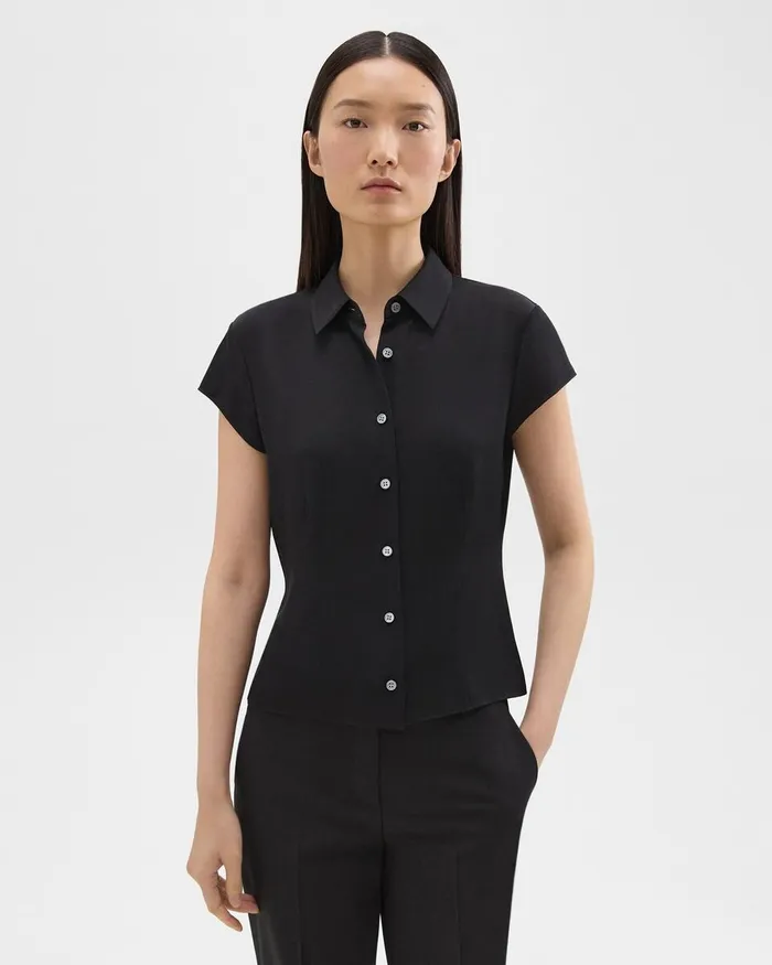 Women Theory Tops Cap Sleeve Shirt In Silk Georgette Black
