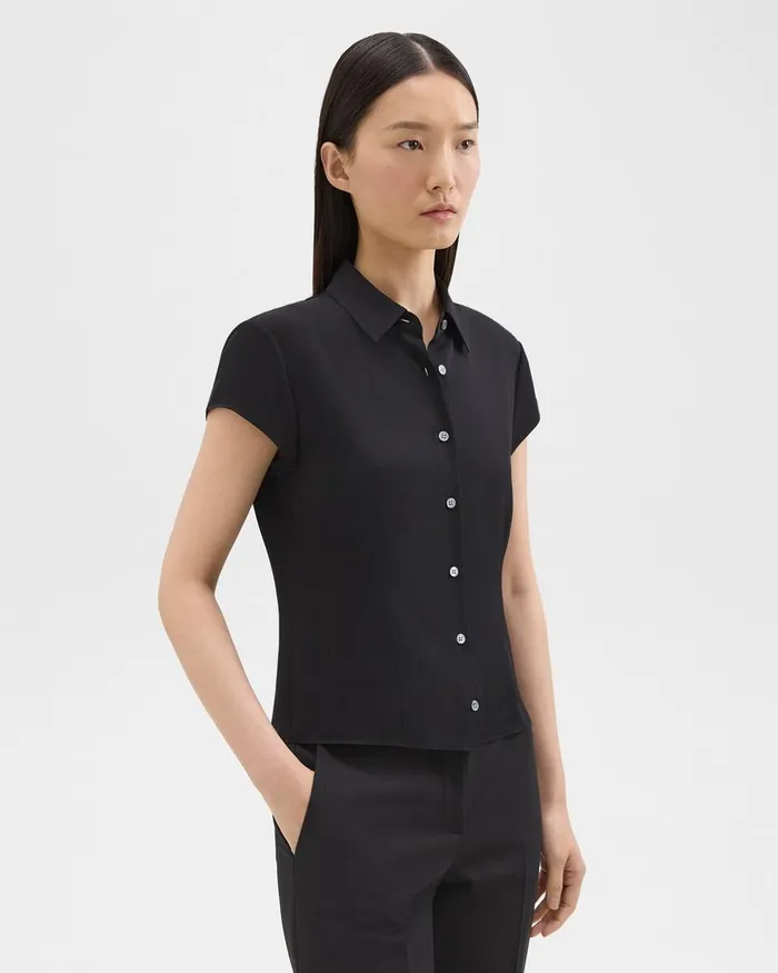 Women Theory Tops Cap Sleeve Shirt In Silk Georgette Black