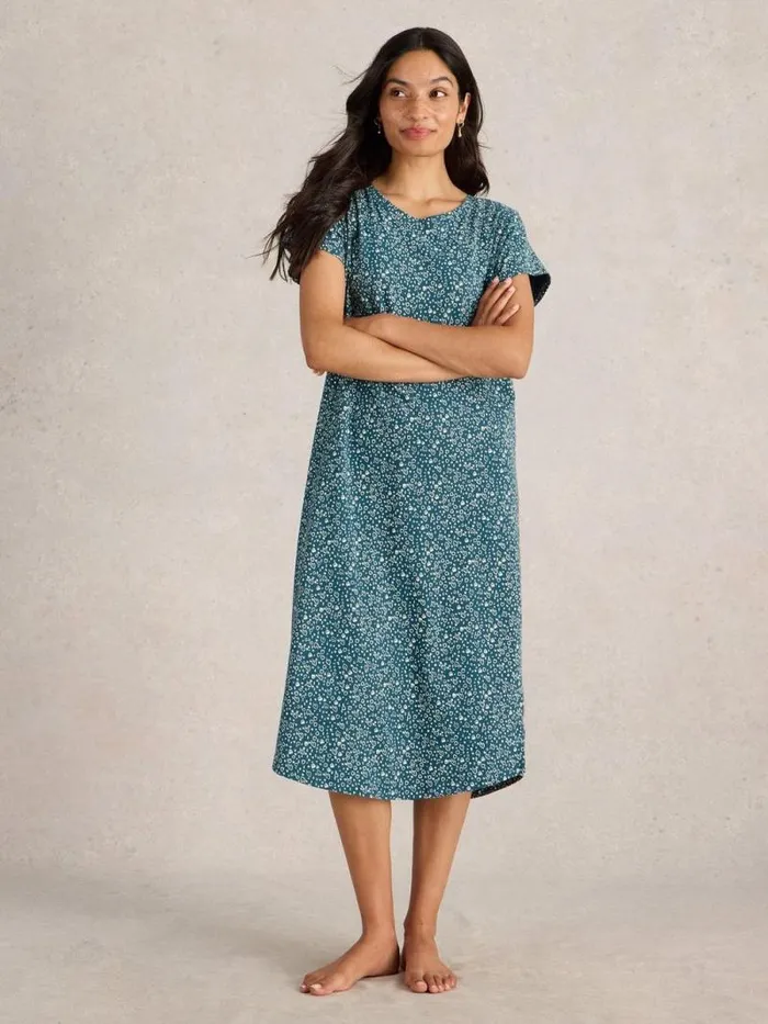 Women Tilda Midi Jersey Nightie Teal Print White Stuff Nightwear