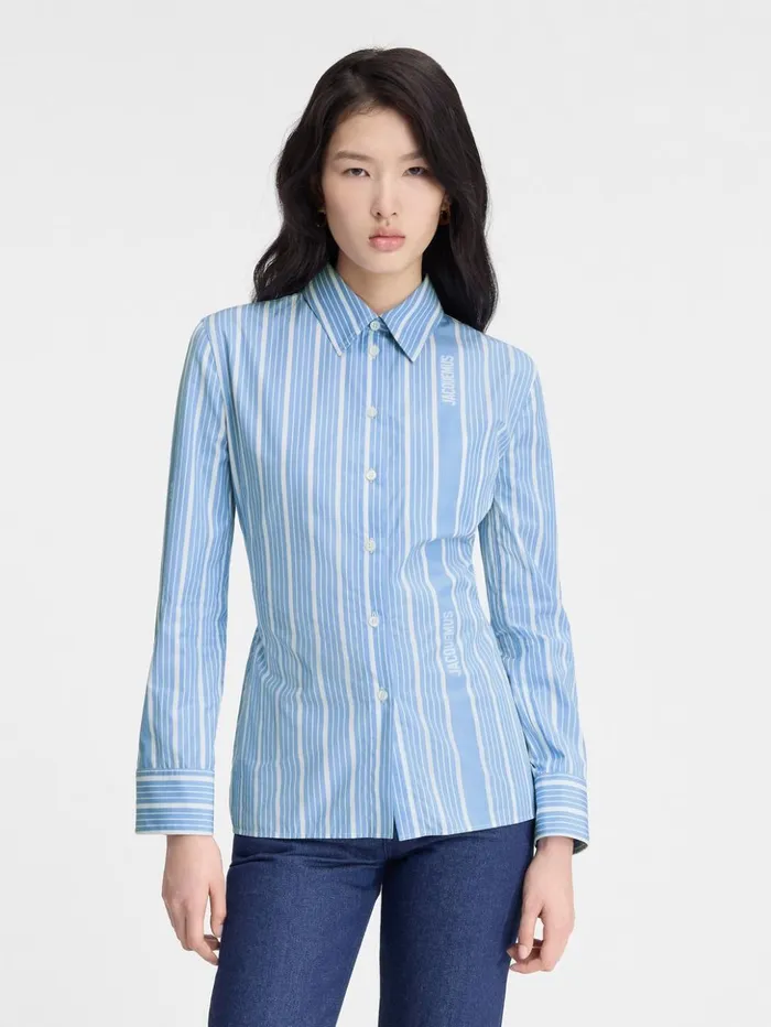 Women Tops and Shirts JACQUEMUS The Suit Shirt Jacquard Bluewhite Women Tops and Shirts JACQUEMUS The Suit Shirt Jacquard Bluewhite