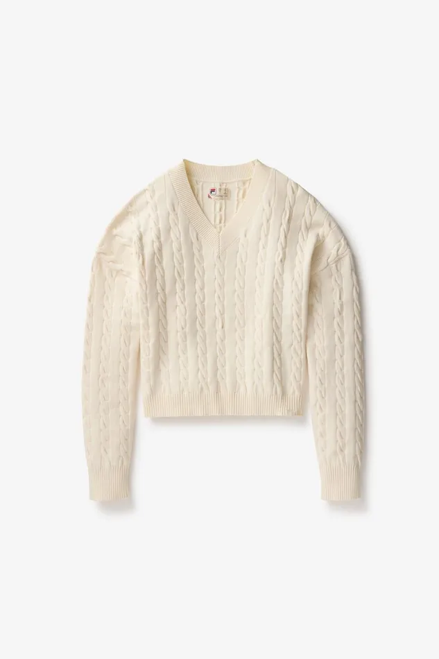 Women Tops and TShirts Fila Baseline Chunky VNeck Sweater 920 Gardenia